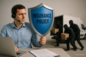 Freight forwarder is holding a shield with text "Insurance policy". In the background thieves are loading boxes into a truck.