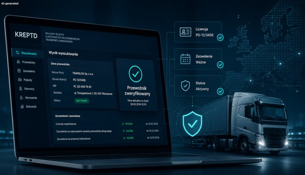 Dashboard do cyfrowej weryfikacji przewoźnika drogowego w rejestrze KREPTD z wizualizacją statusu licencji i ciężarówką w tle.