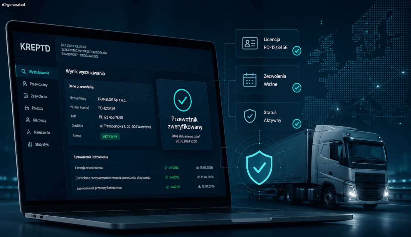 Dashboard do cyfrowej weryfikacji przewoźnika drogowego w rejestrze KREPTD z wizualizacją statusu licencji i ciężarówką w tle.