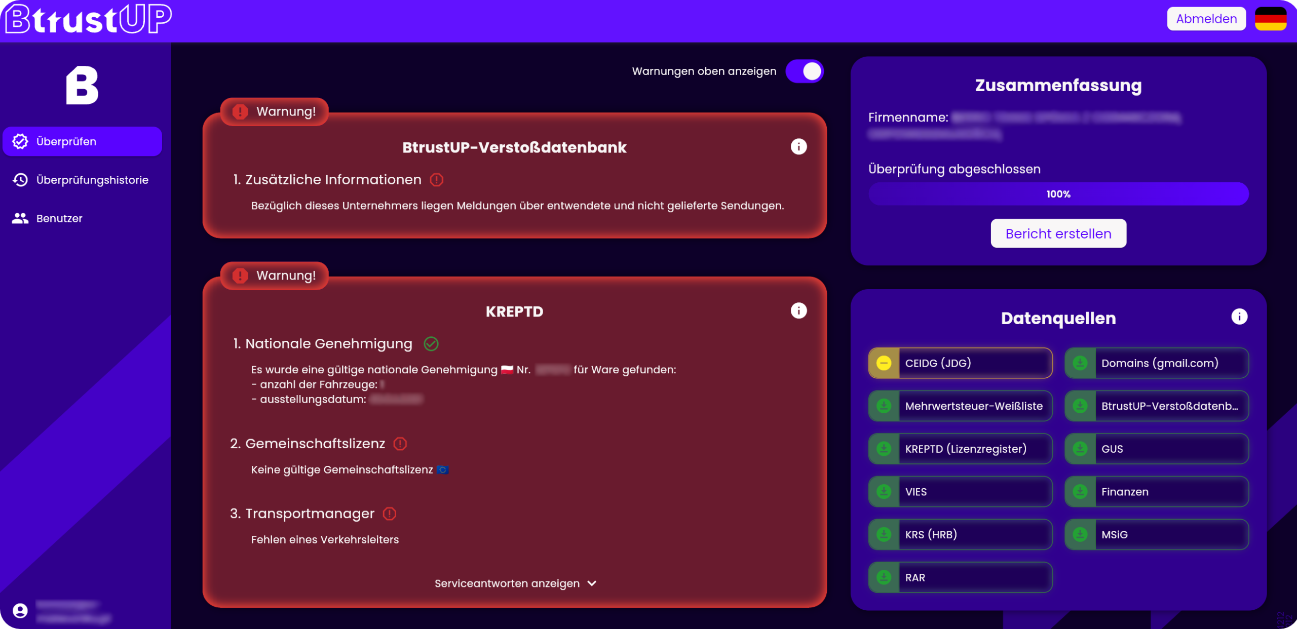 Screenshot showing BtrustUP negative carrier verification.