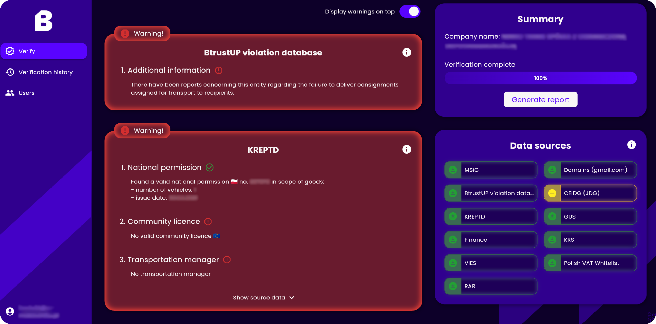 Screenshot showing BtrustUP negative carrier verification.